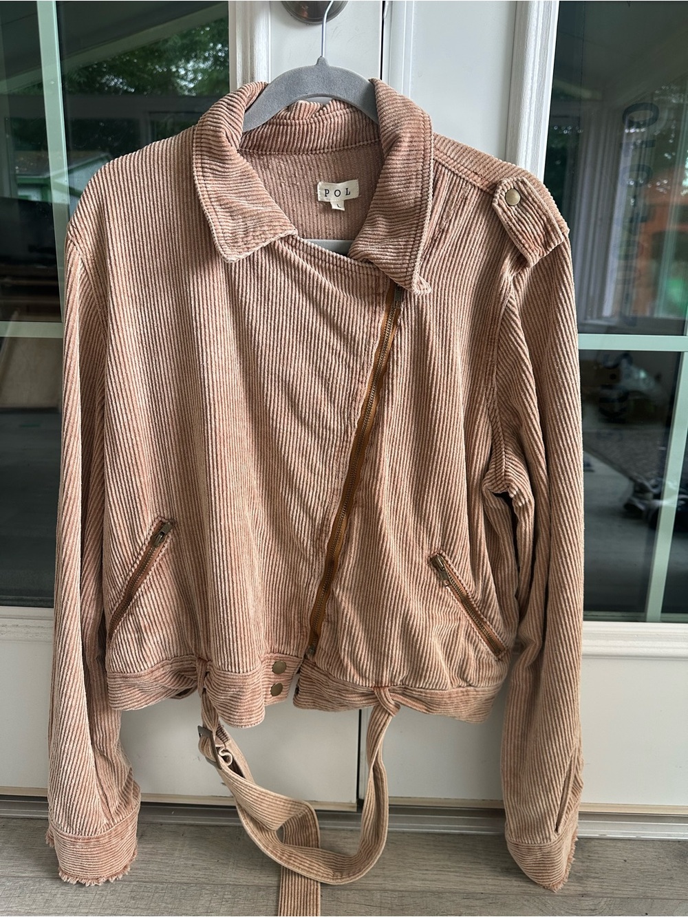 POL Corduroy Asymmetrical Zip Bomber Jacket in Blush Tan